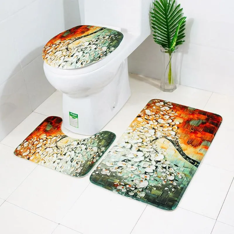 3PCS Bathroom Bath Mat Set Toilet Rugs Polyester Anti Slip Shower Carpets Set Home Toilet Lid Cover Shower Room Rug Floor Mats