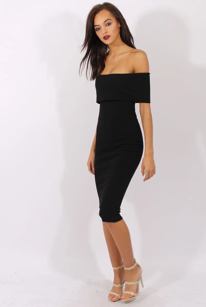 Black Bardot Frill Open Back Midi Dress - Trish