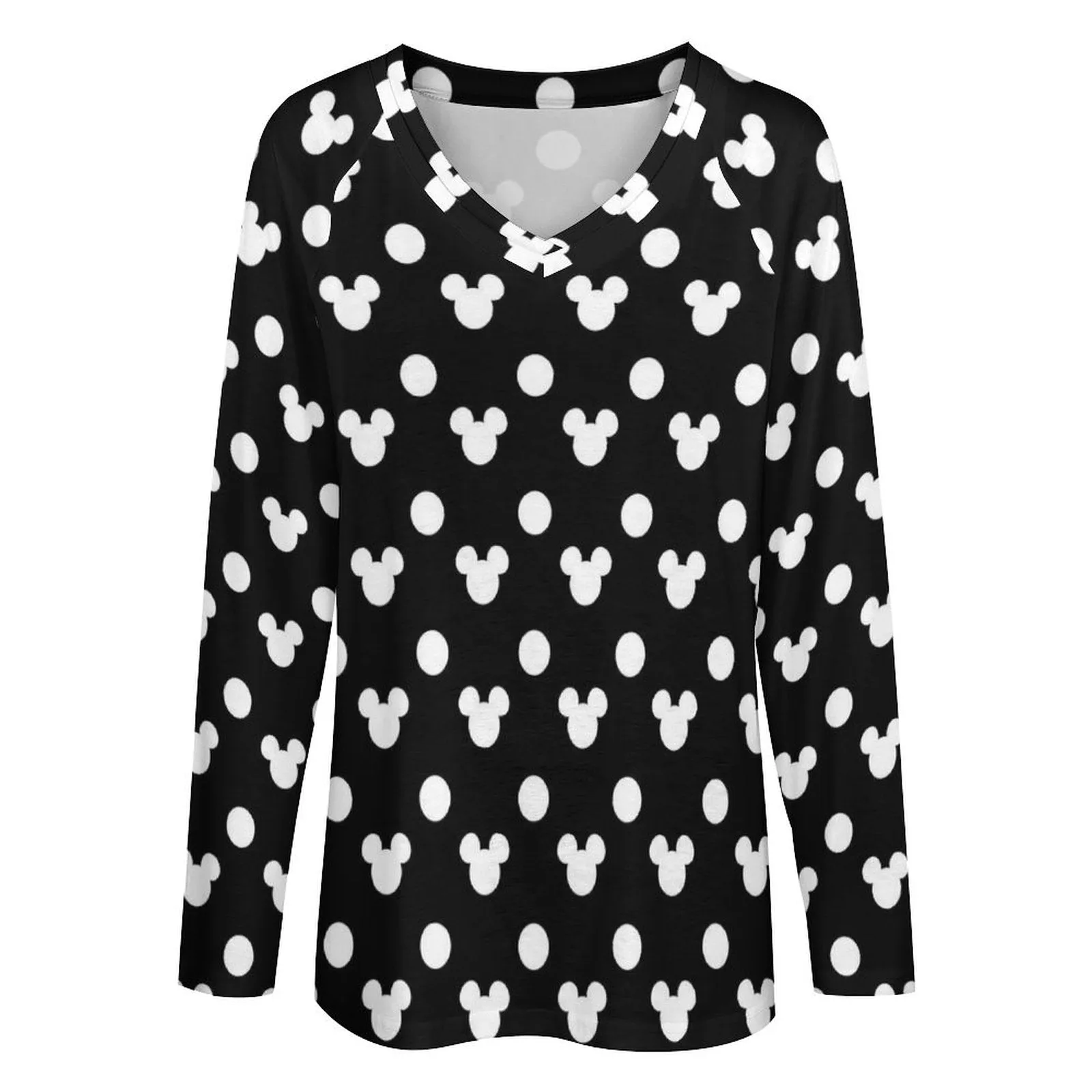 Black With White Mickey Polka Dots Long Sleeve Loose V-Neck Tee