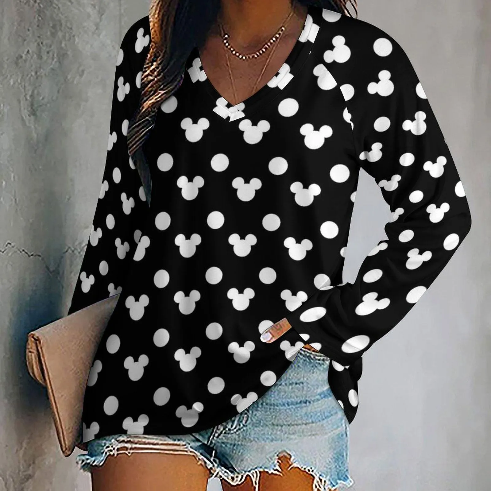 Black With White Mickey Polka Dots Long Sleeve Loose V-Neck Tee