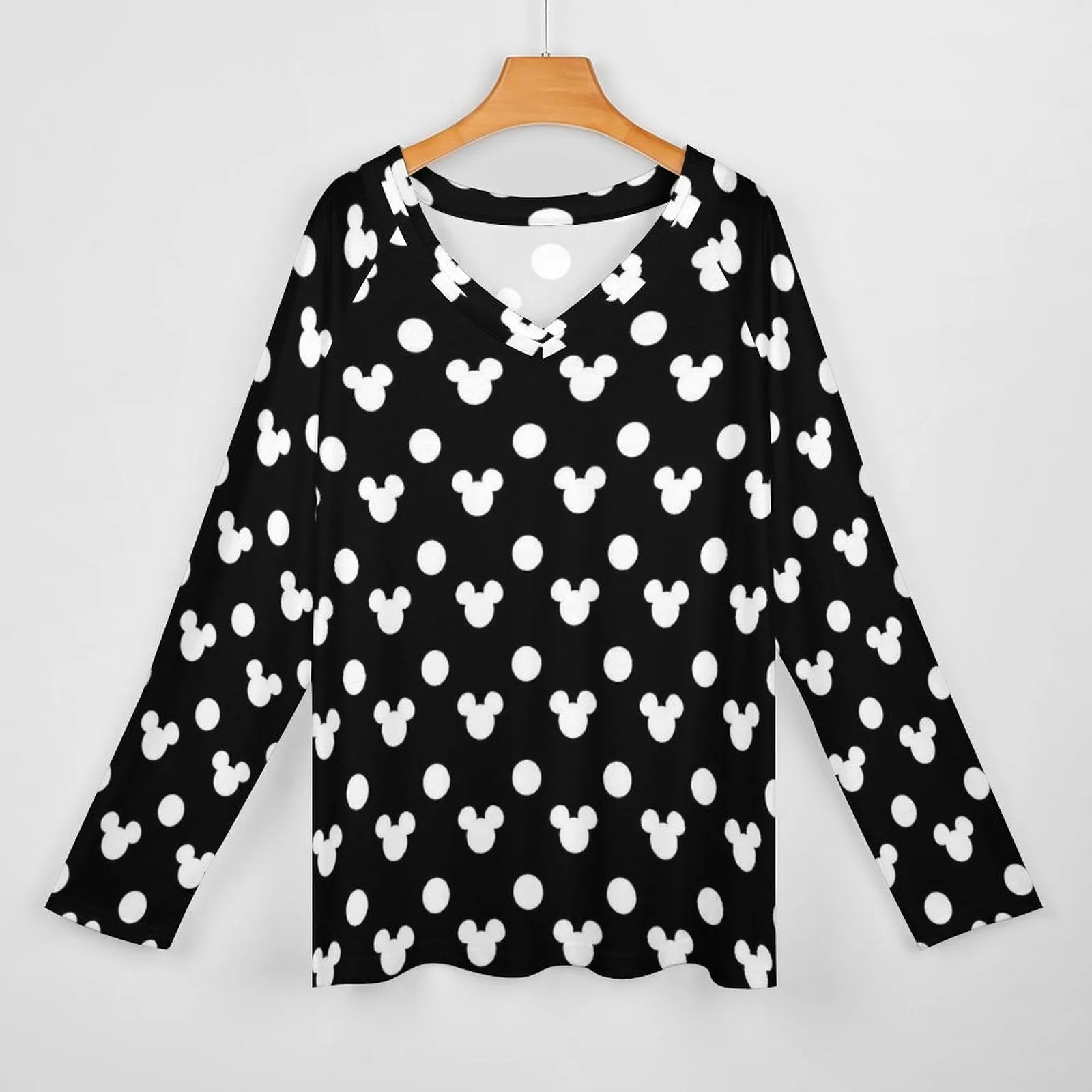 Black With White Mickey Polka Dots Long Sleeve Loose V-Neck Tee