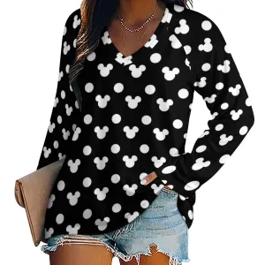 Black With White Mickey Polka Dots Long Sleeve Loose V-Neck Tee