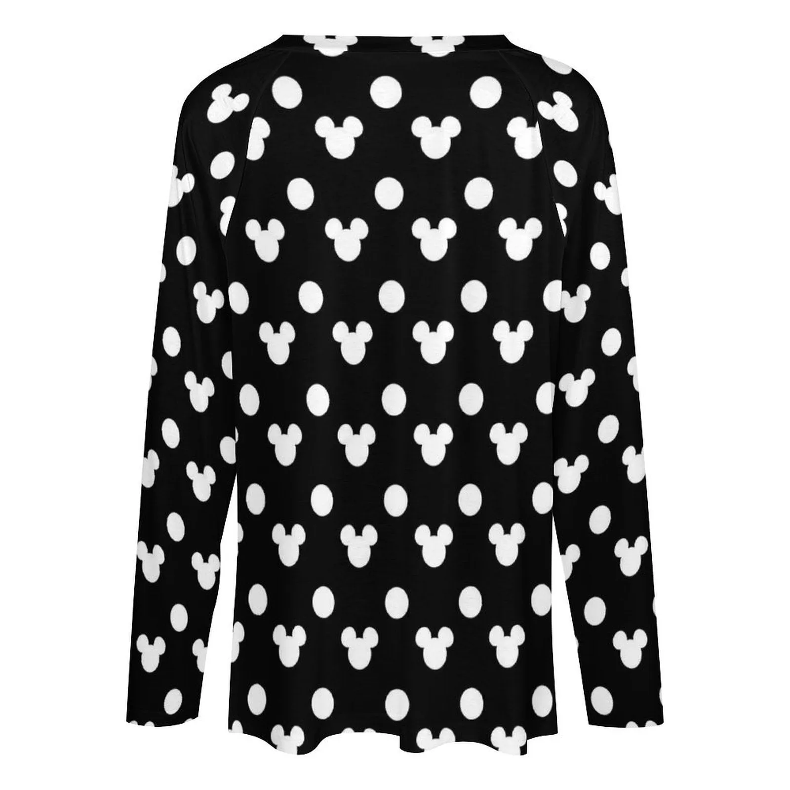 Black With White Mickey Polka Dots Long Sleeve Loose V-Neck Tee