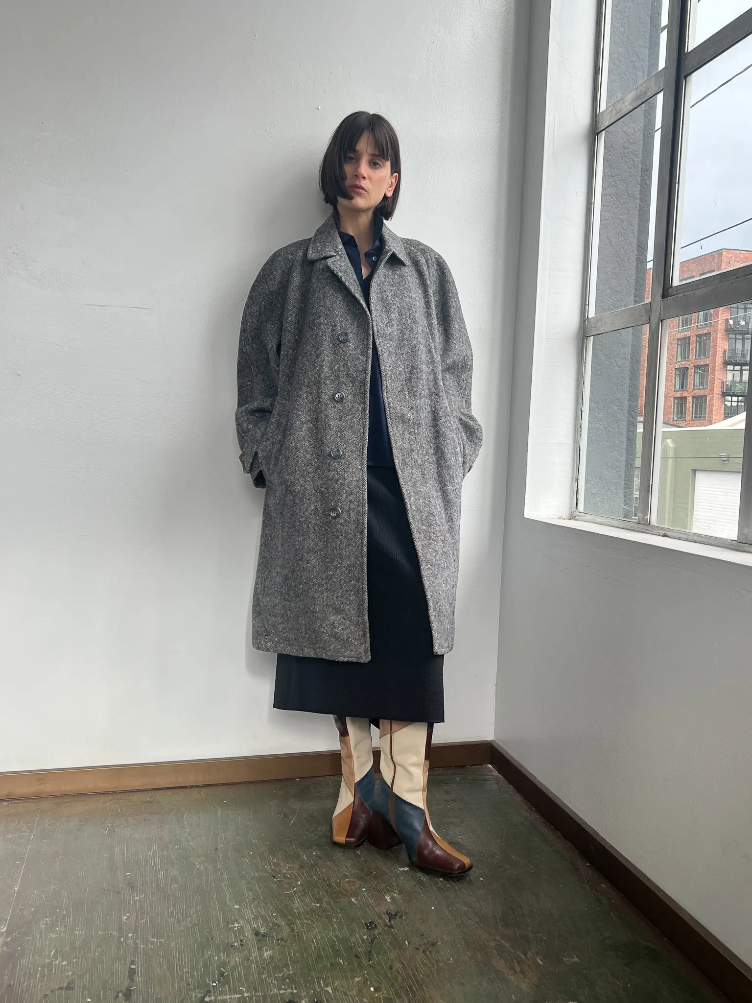 Blue Gray Tweed Wool Overcoat (L)