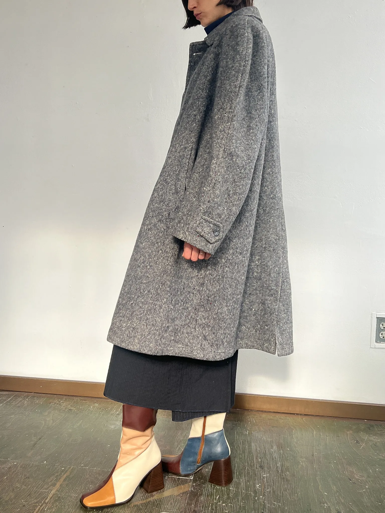 Blue Gray Tweed Wool Overcoat (L)