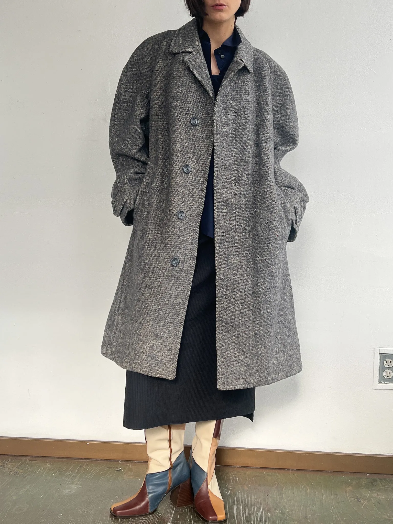 Blue Gray Tweed Wool Overcoat (L)