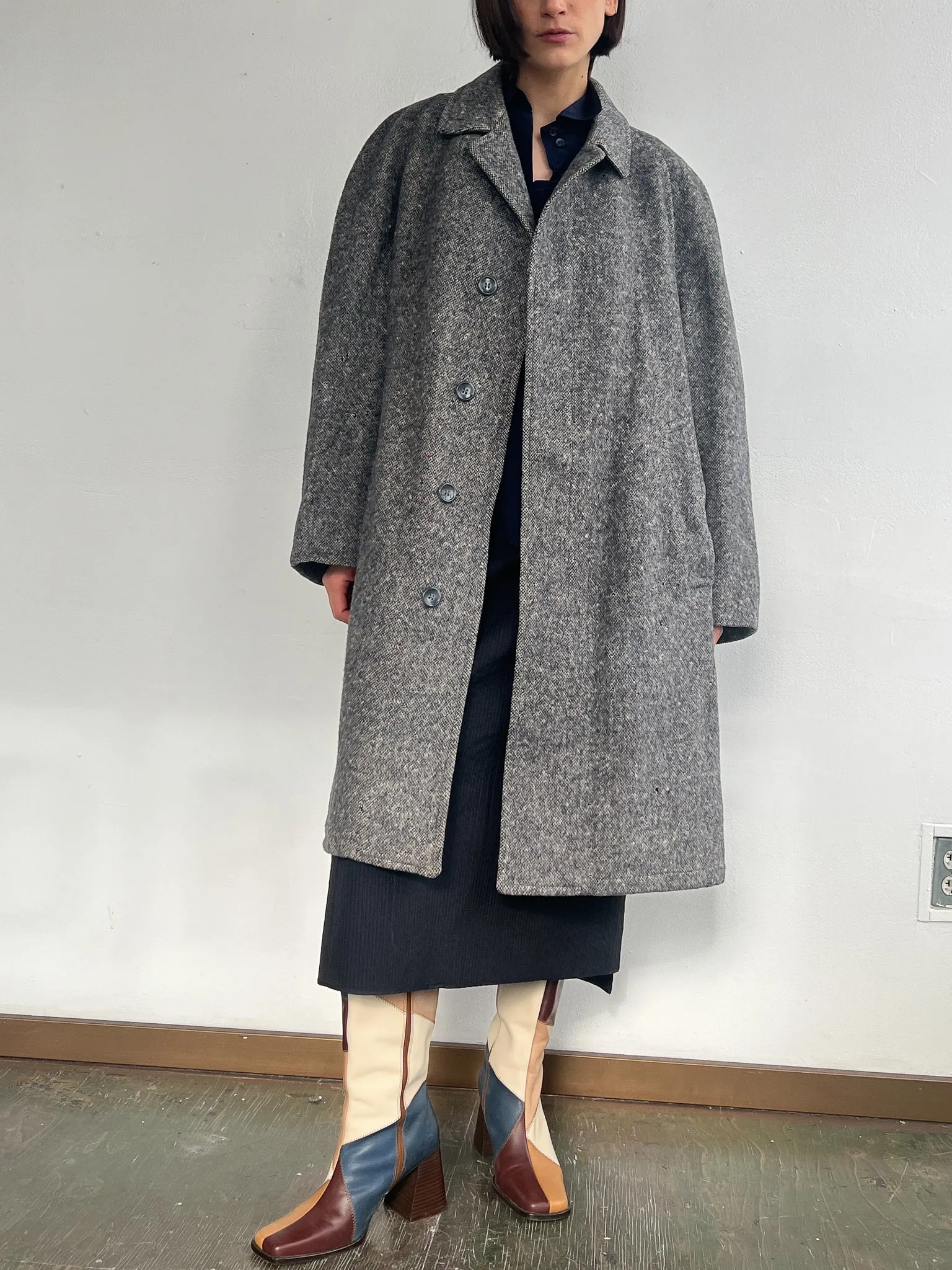 Blue Gray Tweed Wool Overcoat (L)