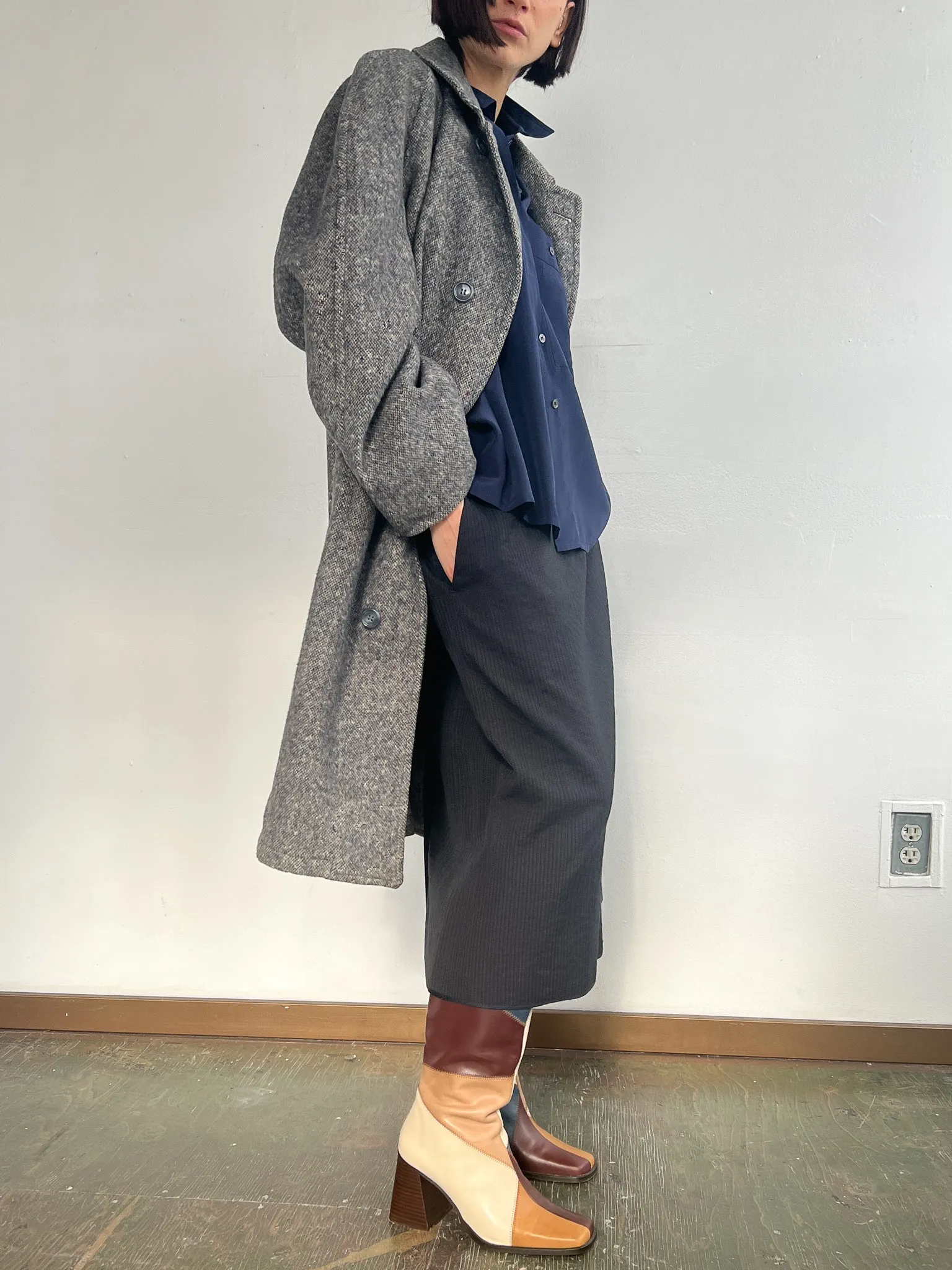 Blue Gray Tweed Wool Overcoat (L)