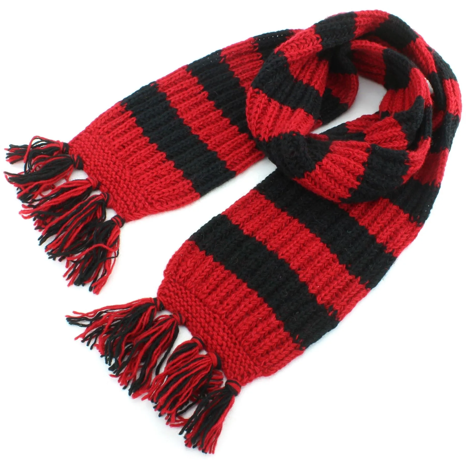 Chunky Wool Knit Striped Scarf - Red & Black