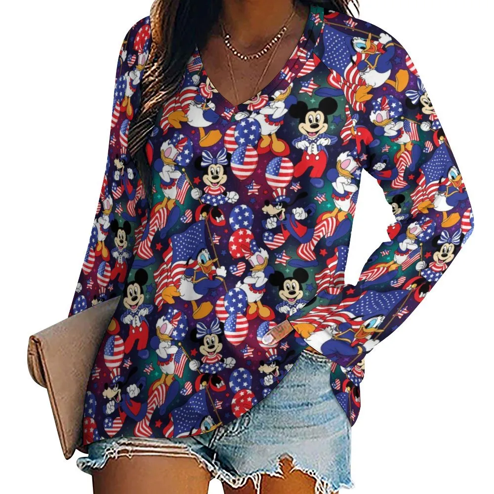 Disney America Long Sleeve Loose V-Neck Tee