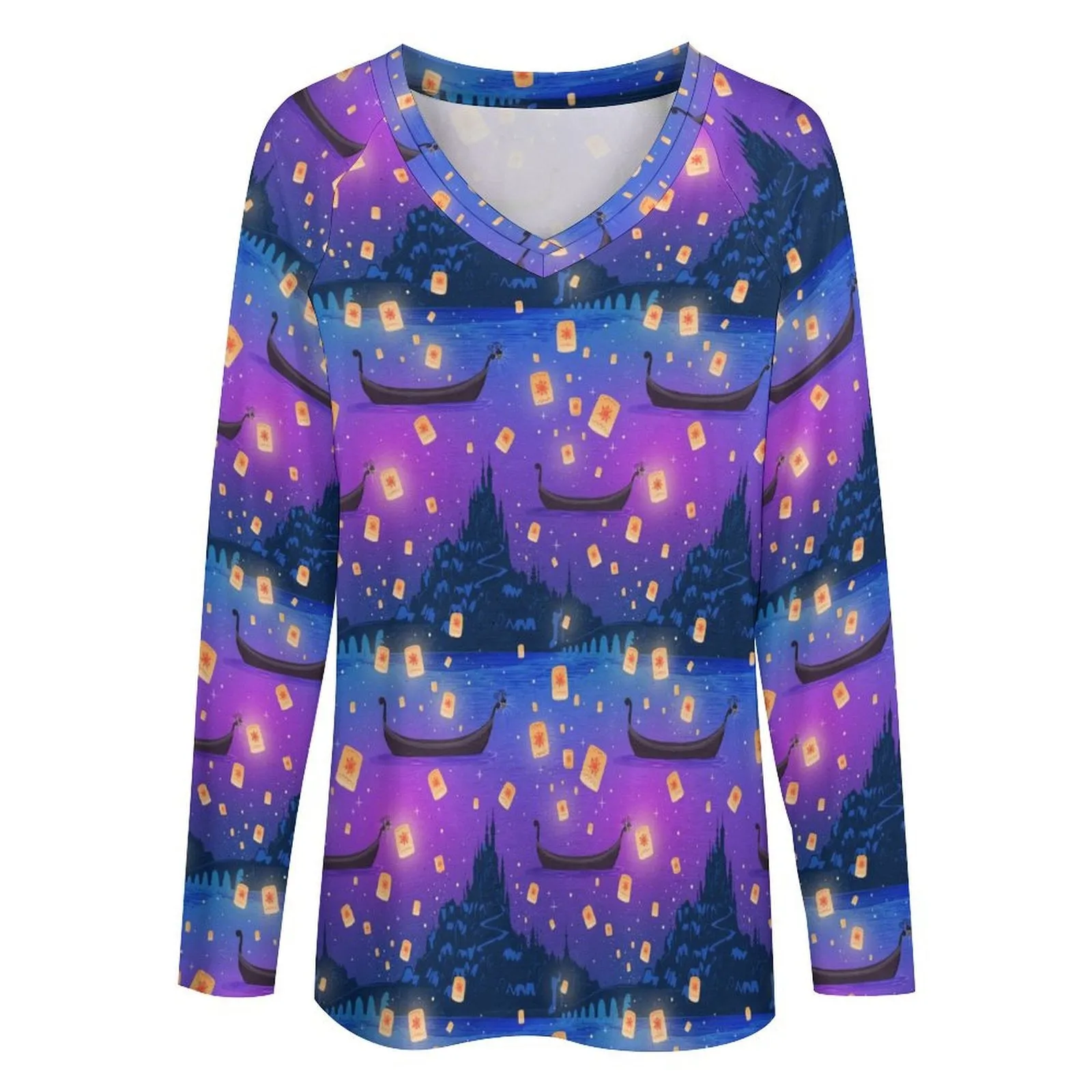 Disney Tangled Rapunzel Floating Lanterns Long Sleeve Loose V-Neck Tee