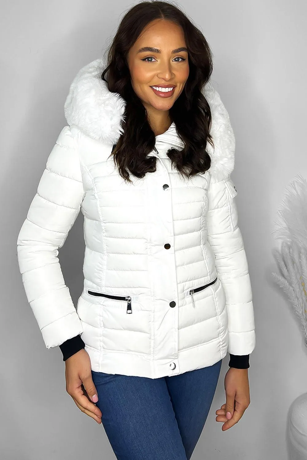 Faux Fur Trimmed Hoodie Belted And Quilted Winter Jacket