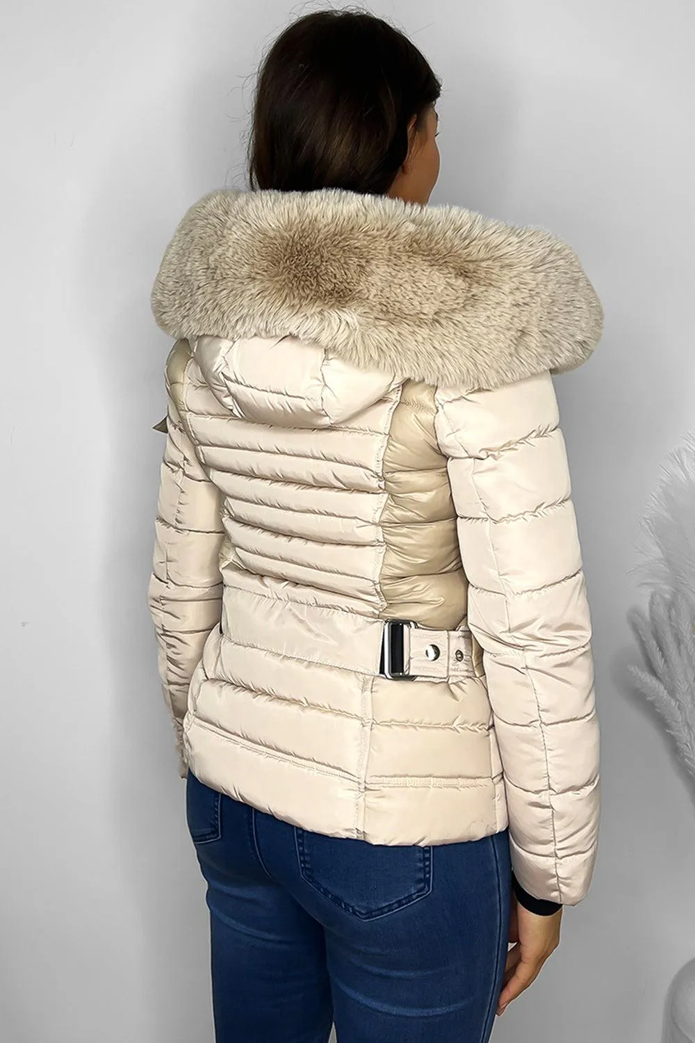 Faux Fur Trimmed Hoodie Belted And Quilted Winter Jacket