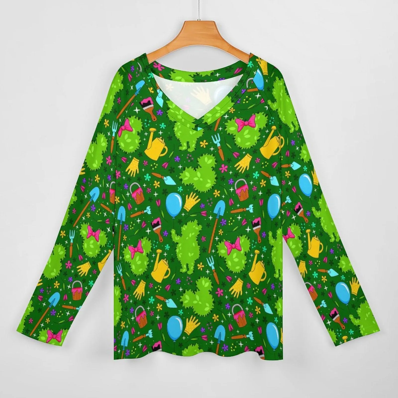 Flower And Garden Long Sleeve Loose V-Neck Tee