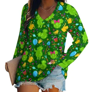 Flower And Garden Long Sleeve Loose V-Neck Tee