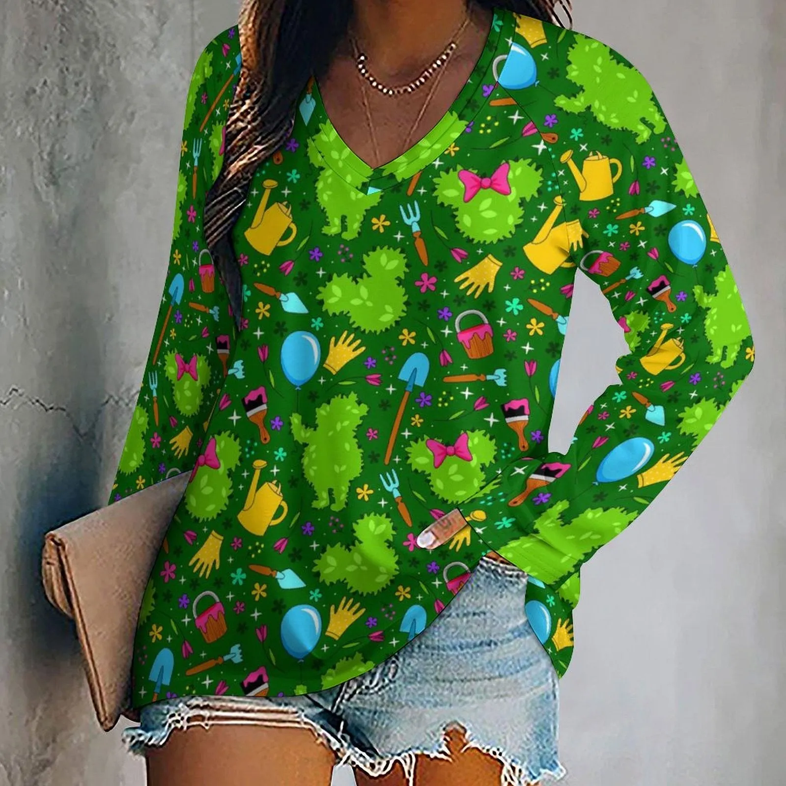 Flower And Garden Long Sleeve Loose V-Neck Tee