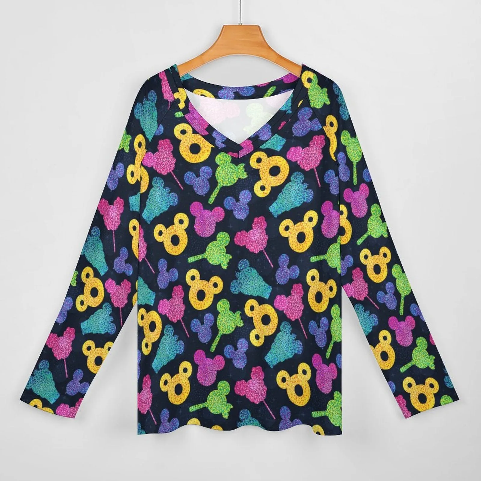 Glitter Park Snacks Long Sleeve Loose V-Neck Tee