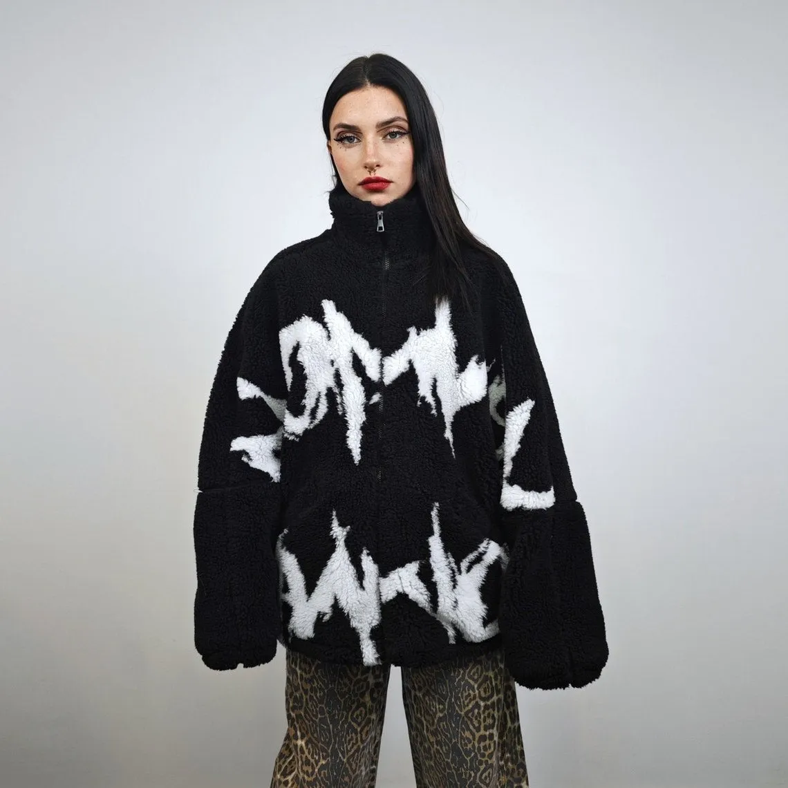 Graffiti fleece jacket Goth bomber grunge raver coat dark aesthetic raised neck tracktop oversize batwing jumper punk rocker overcoat black