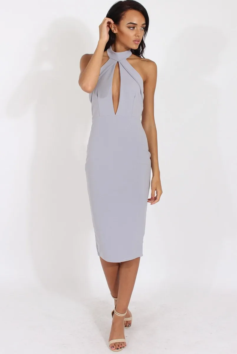 Grey High Neck Backless Midi Dress - Petunia