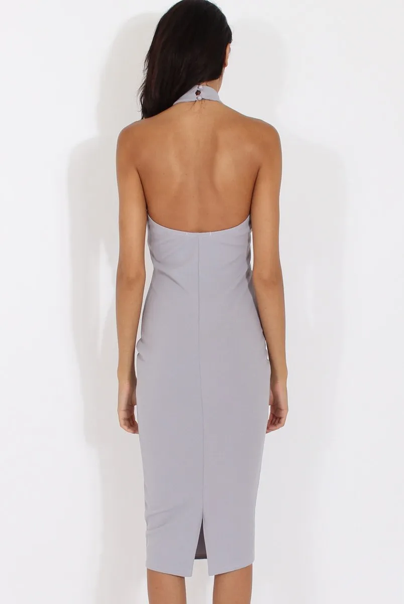 Grey High Neck Backless Midi Dress - Petunia