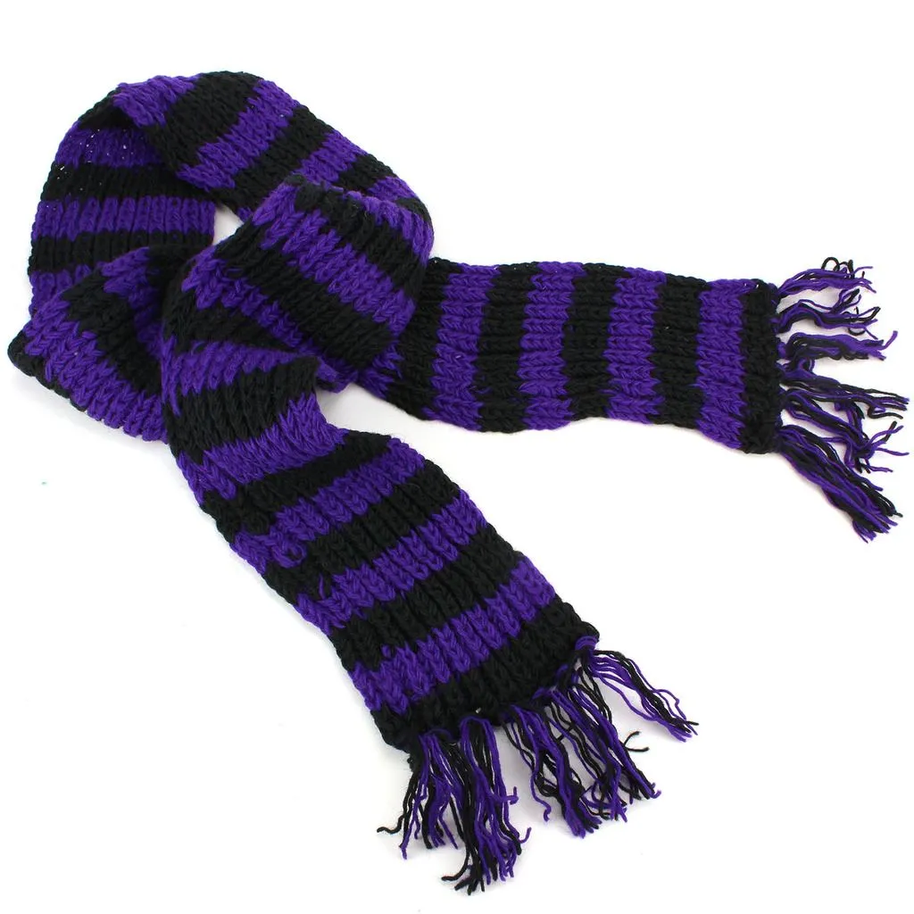 Hand Knitted Wool Scarf - Purple & black