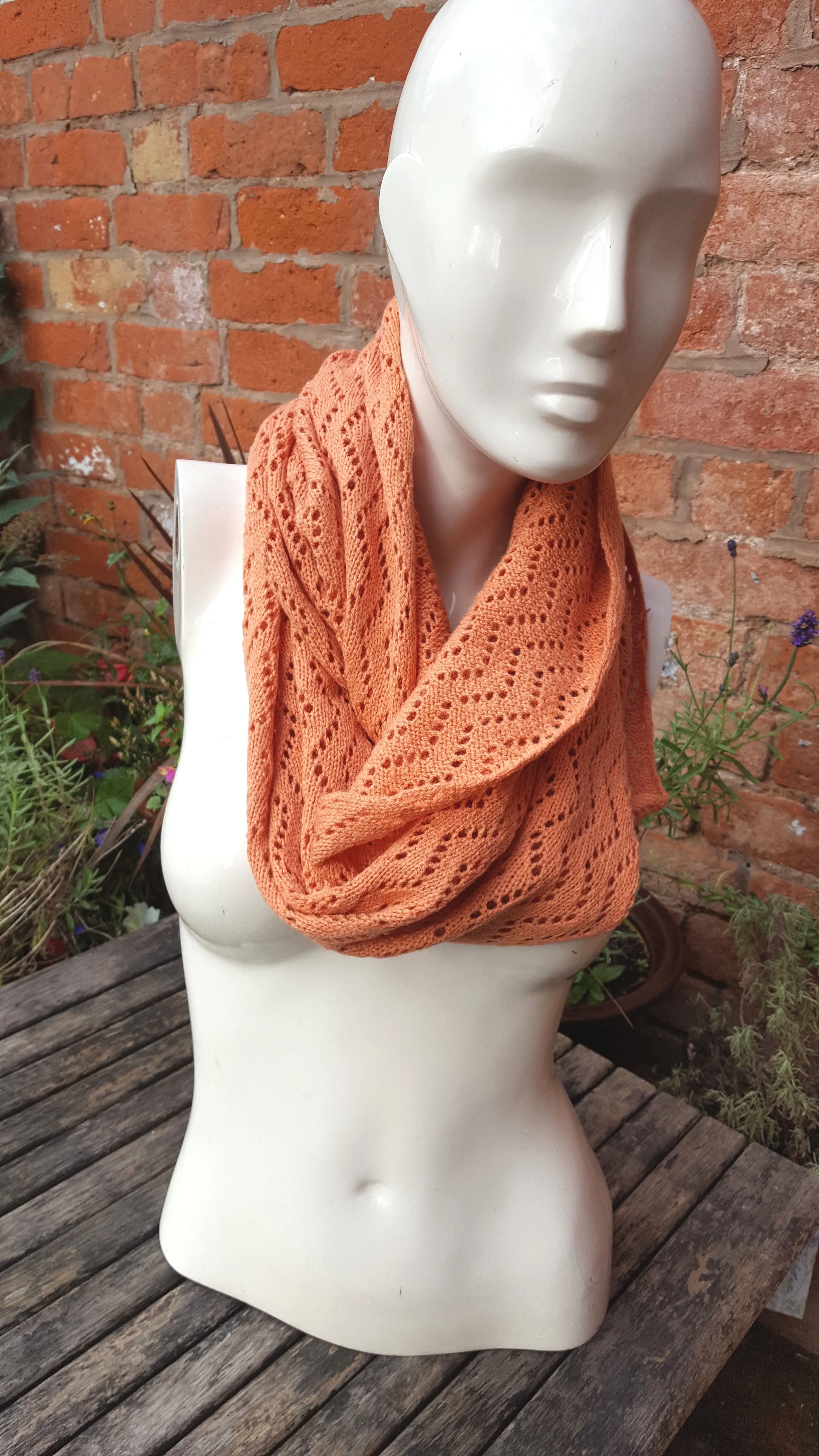 Handmade cowl, infinity scarf, mobius scarf, in burnt orange Acrylic mix yarn.