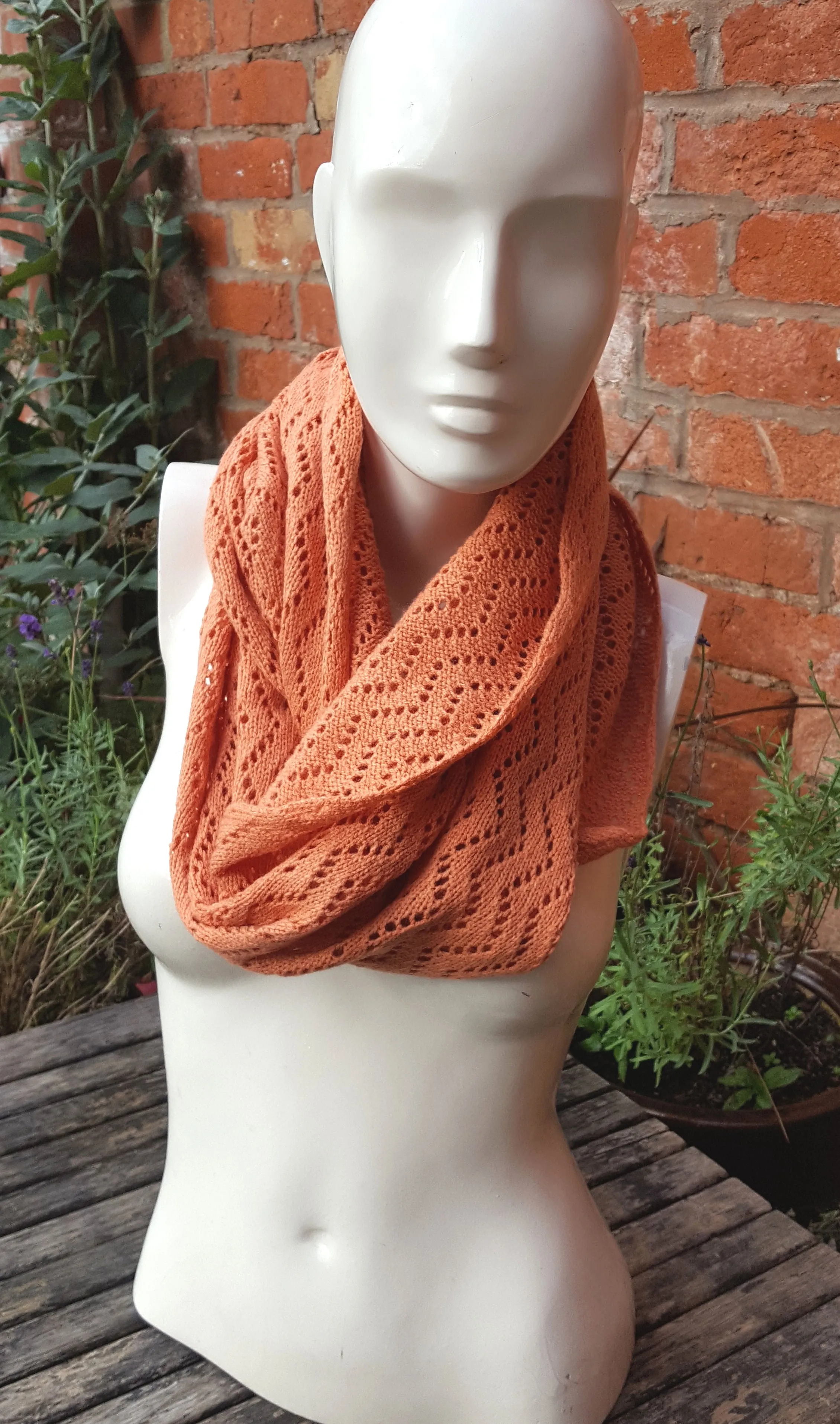 Handmade cowl, infinity scarf, mobius scarf, in burnt orange Acrylic mix yarn.