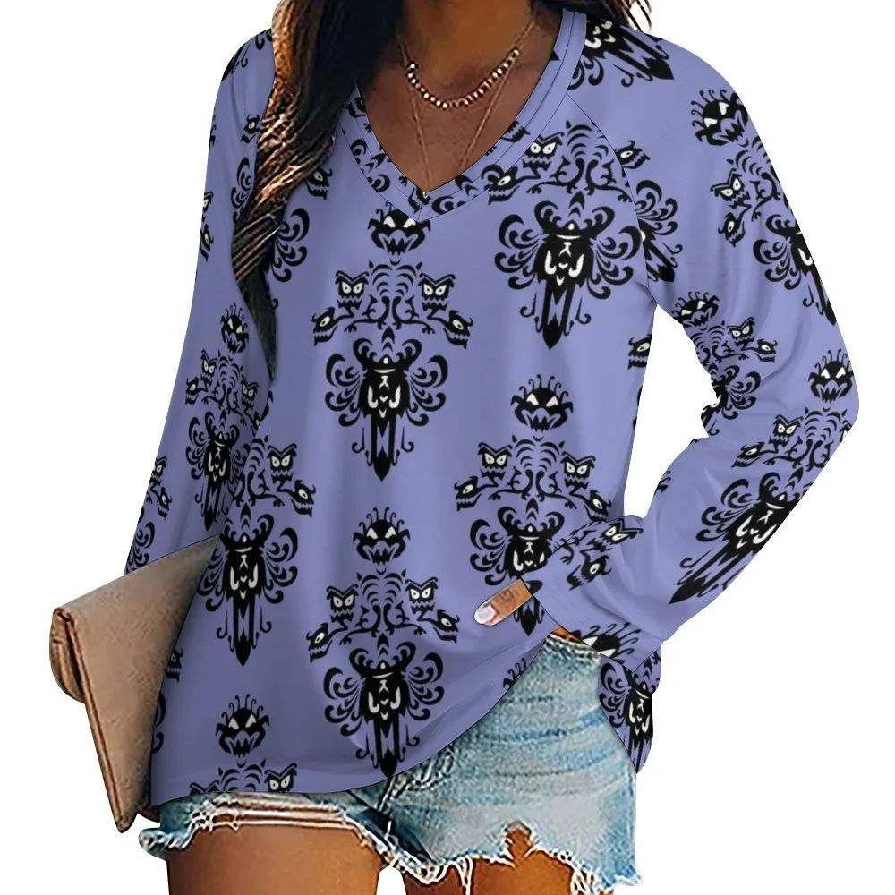 Haunted Mansion Wallpaper Long Sleeve Loose V-Neck Tee