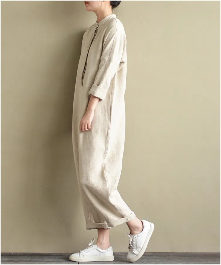 Loose Style Cotton Linen Jumpsuit Women linen  Dresses Long Sleeve