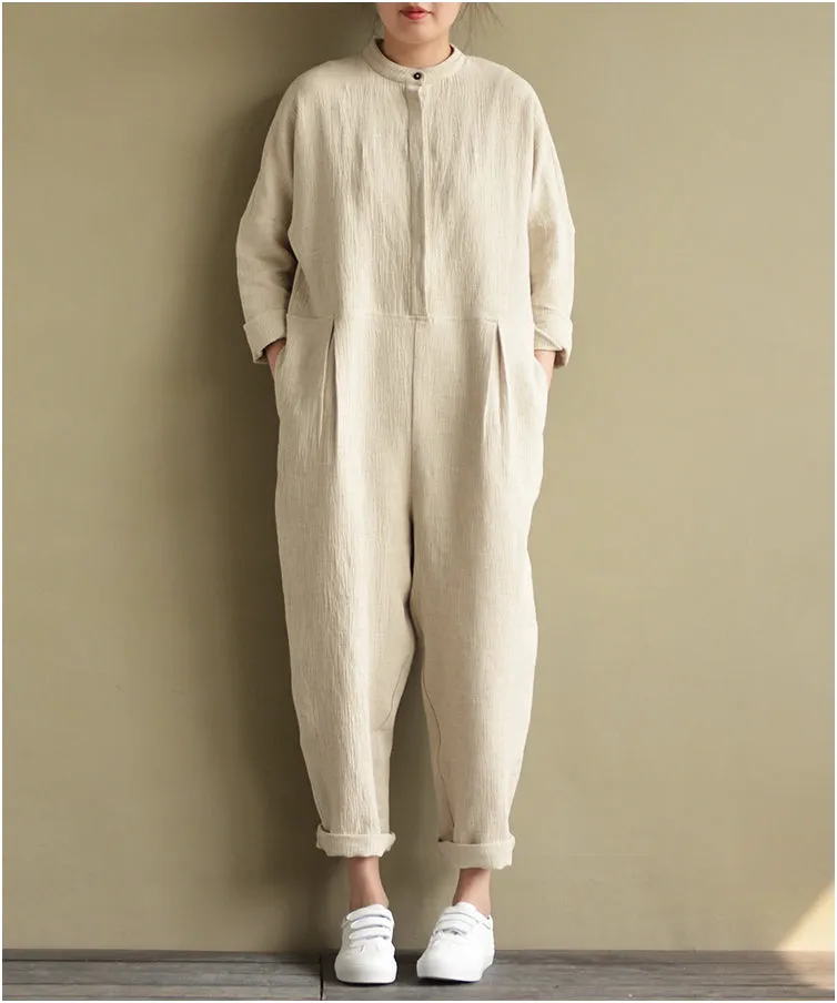 Loose Style Cotton Linen Jumpsuit Women linen  Dresses Long Sleeve