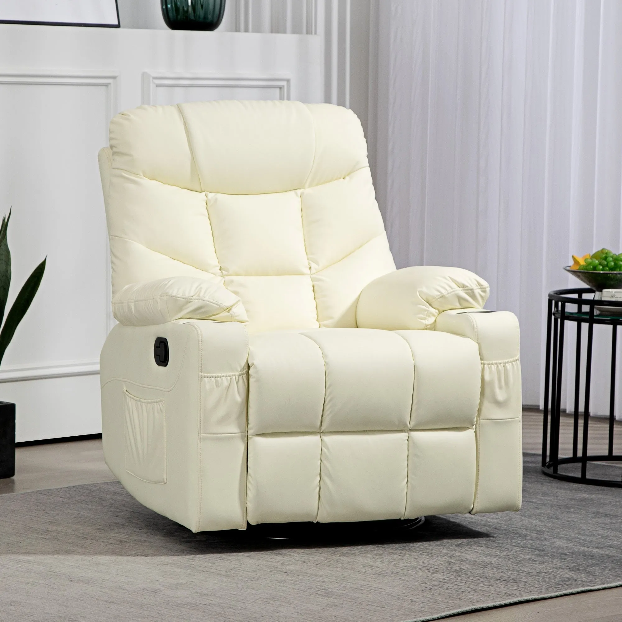 Manual Recliner Chair with Footrest, Cup Holder, Swivel Base, Cream