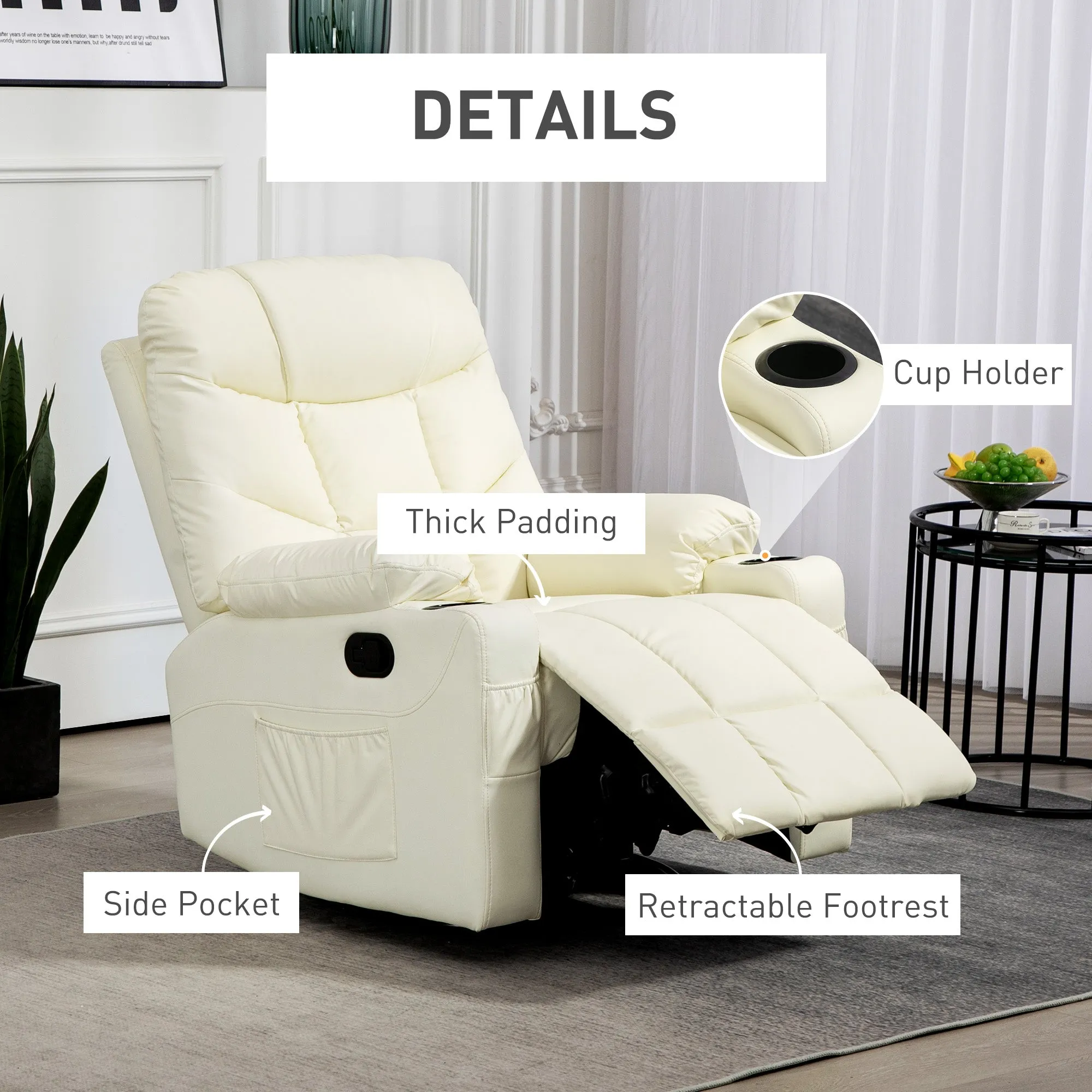 Manual Recliner Chair with Footrest, Cup Holder, Swivel Base, Cream