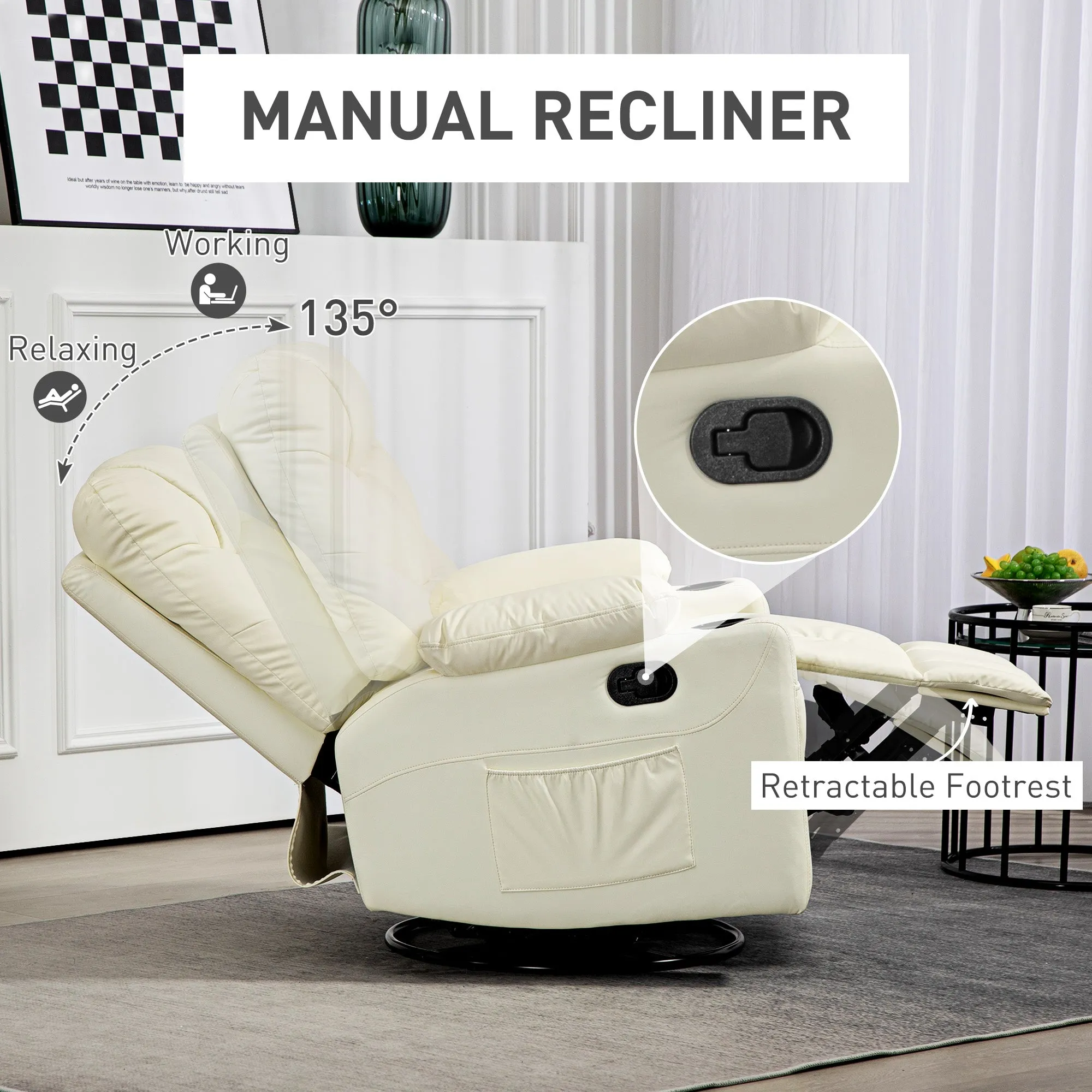 Manual Recliner Chair with Footrest, Cup Holder, Swivel Base, Cream