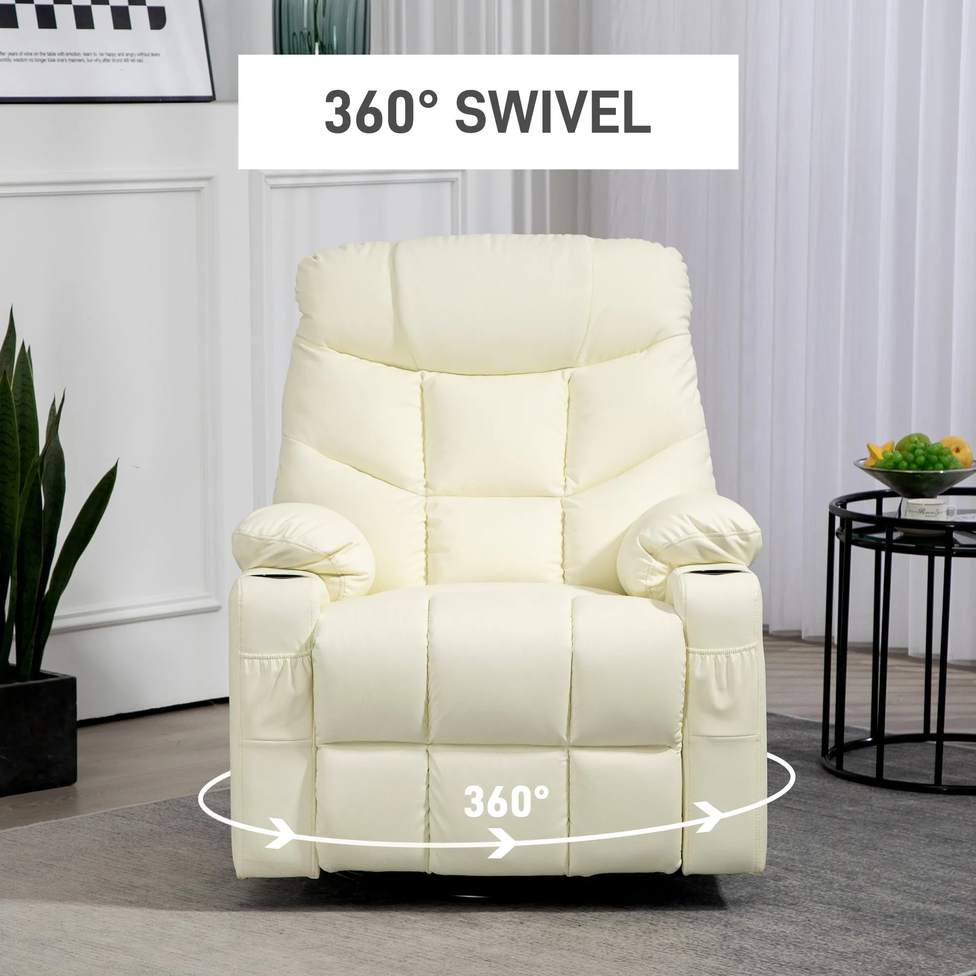 Manual Recliner Chair with Footrest, Cup Holder, Swivel Base, Cream