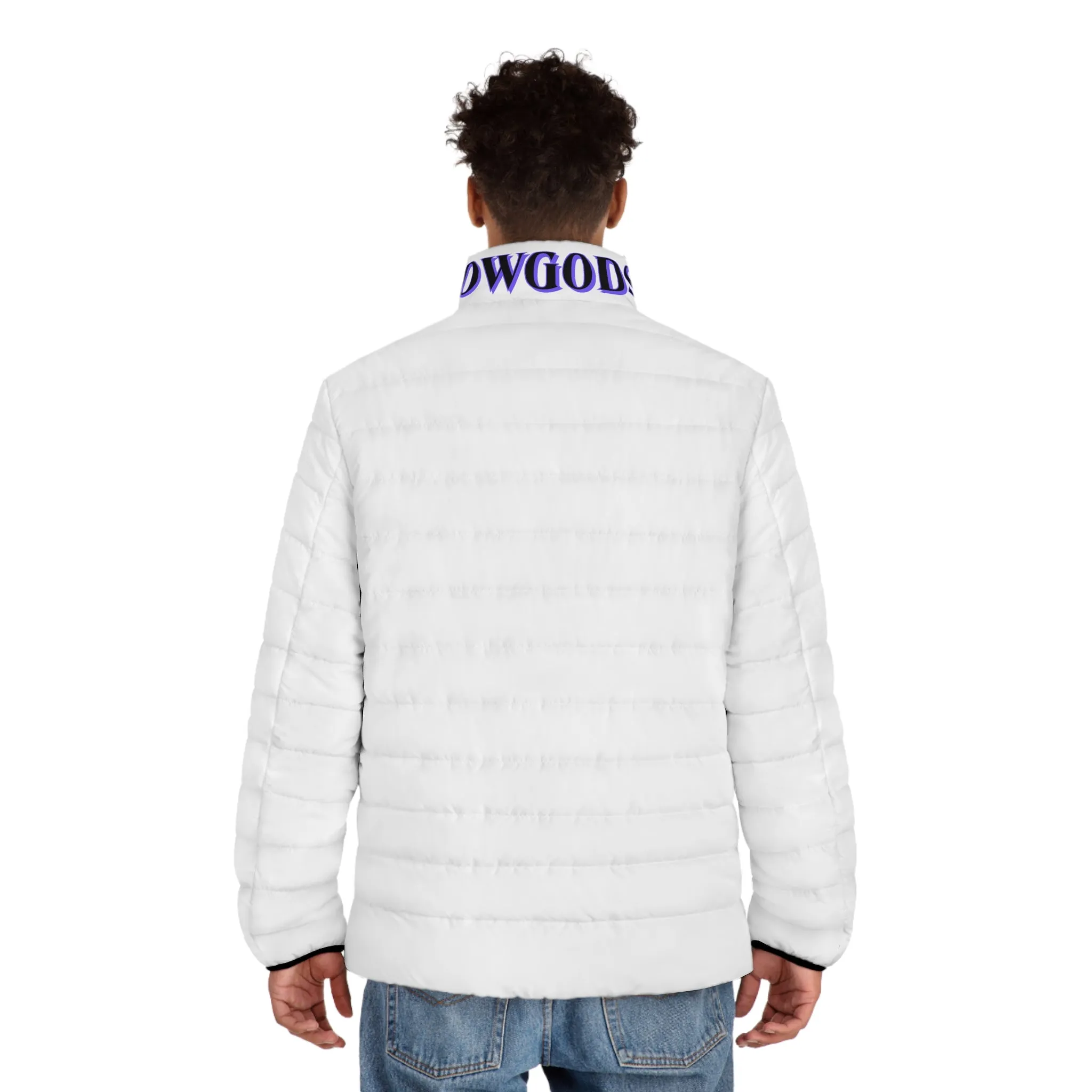 Men's CROWGODSHI 2nd GEN Puffer Jacket, WHITE W/ PURPLE LOGO