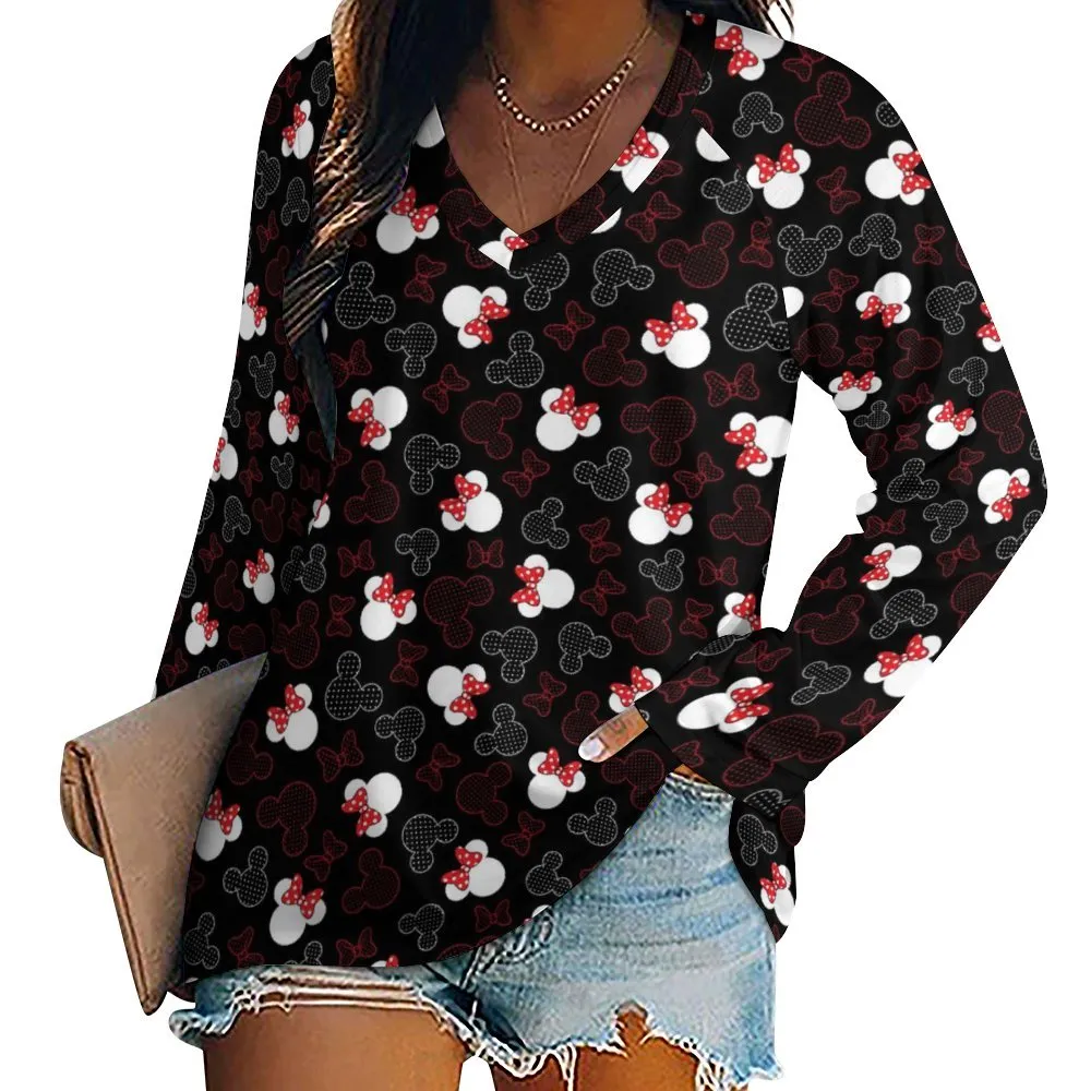 Mickey And Minnie Dots Long Sleeve Loose V-Neck Tee