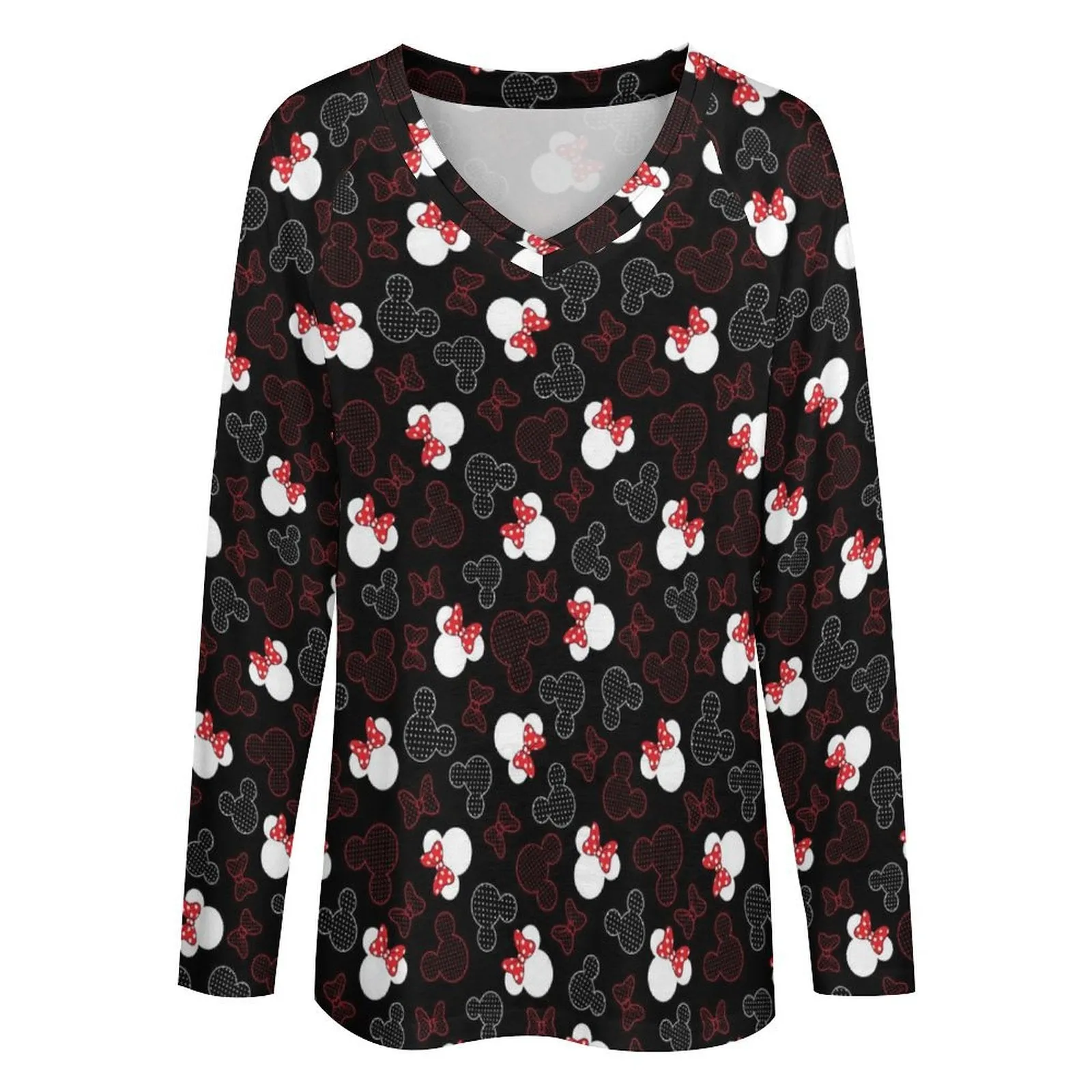 Mickey And Minnie Dots Long Sleeve Loose V-Neck Tee