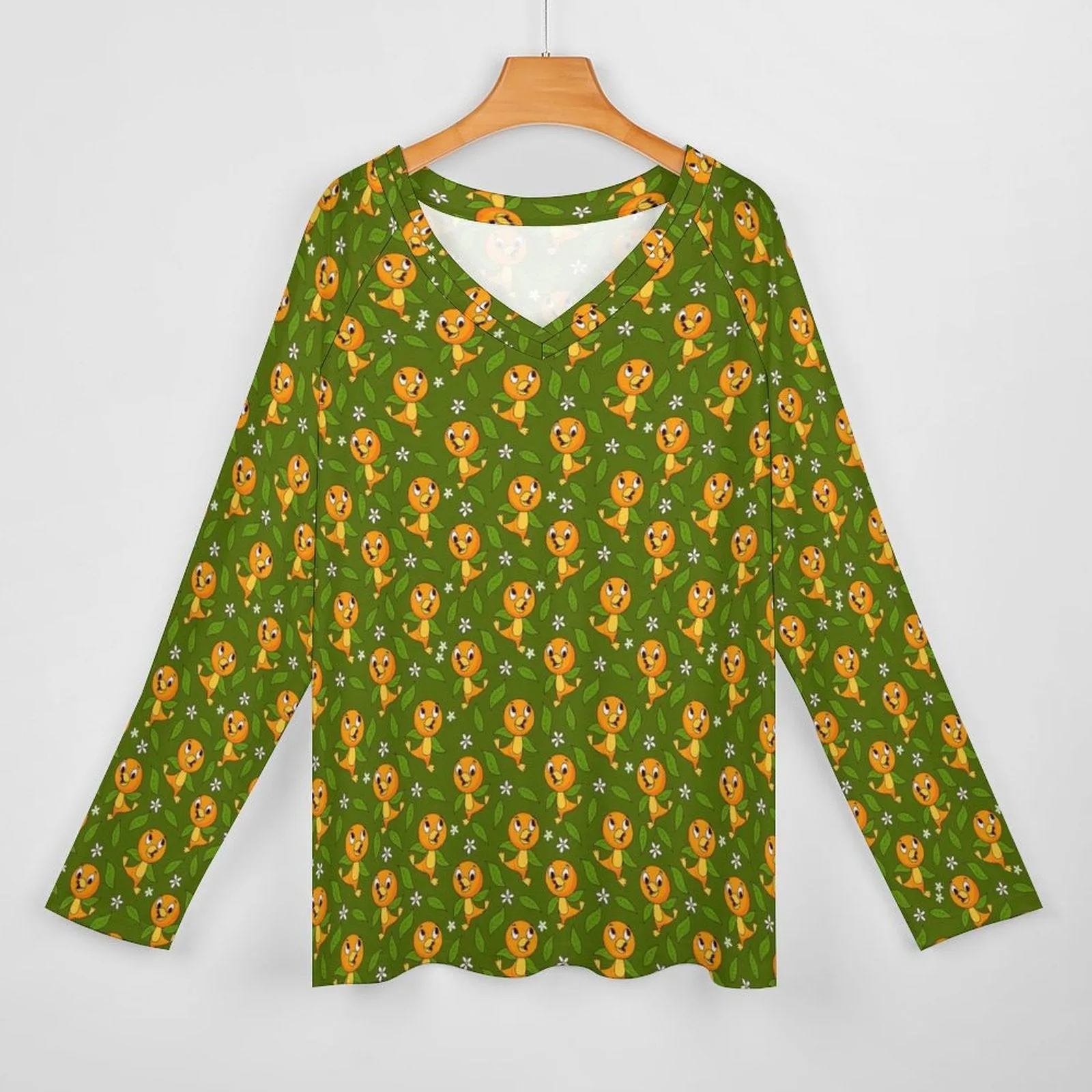 Orange Bird Long Sleeve Loose V-Neck Tee