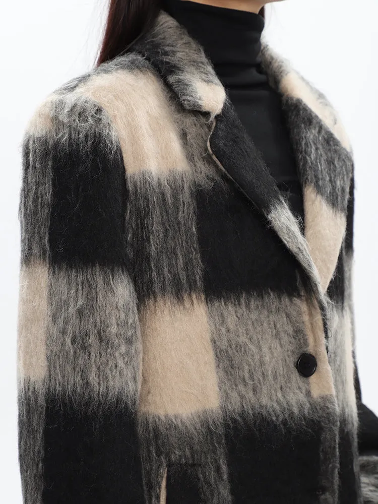 Oversized Fuzzy Checkered Overcoat with Scarf Detail