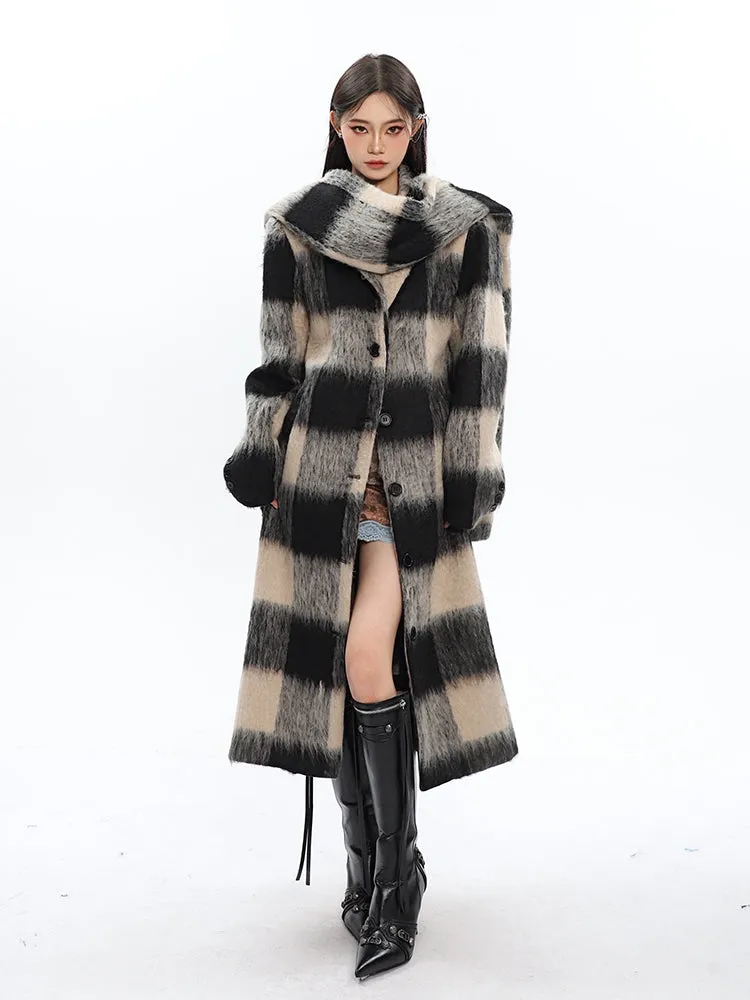 Oversized Fuzzy Checkered Overcoat with Scarf Detail