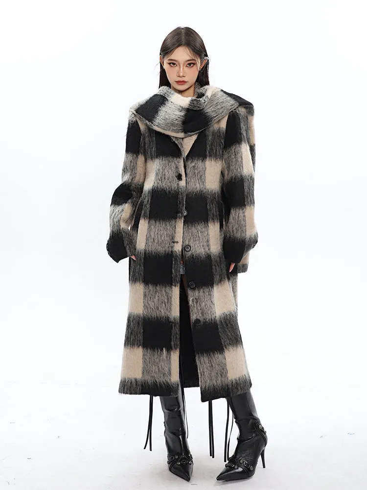 Oversized Fuzzy Checkered Overcoat with Scarf Detail