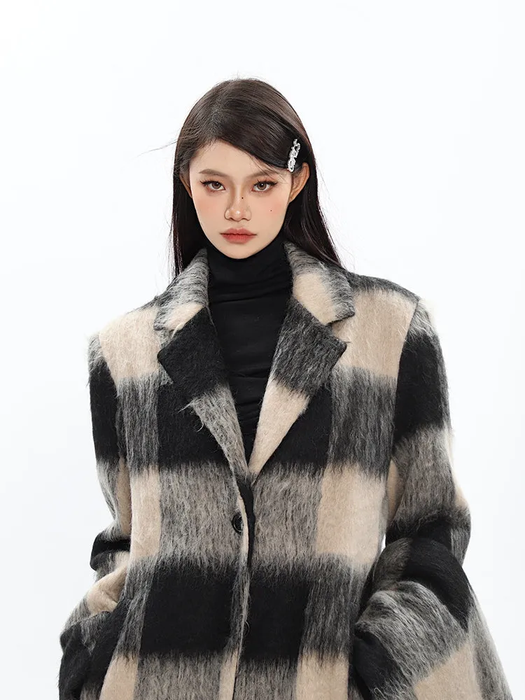 Oversized Fuzzy Checkered Overcoat with Scarf Detail