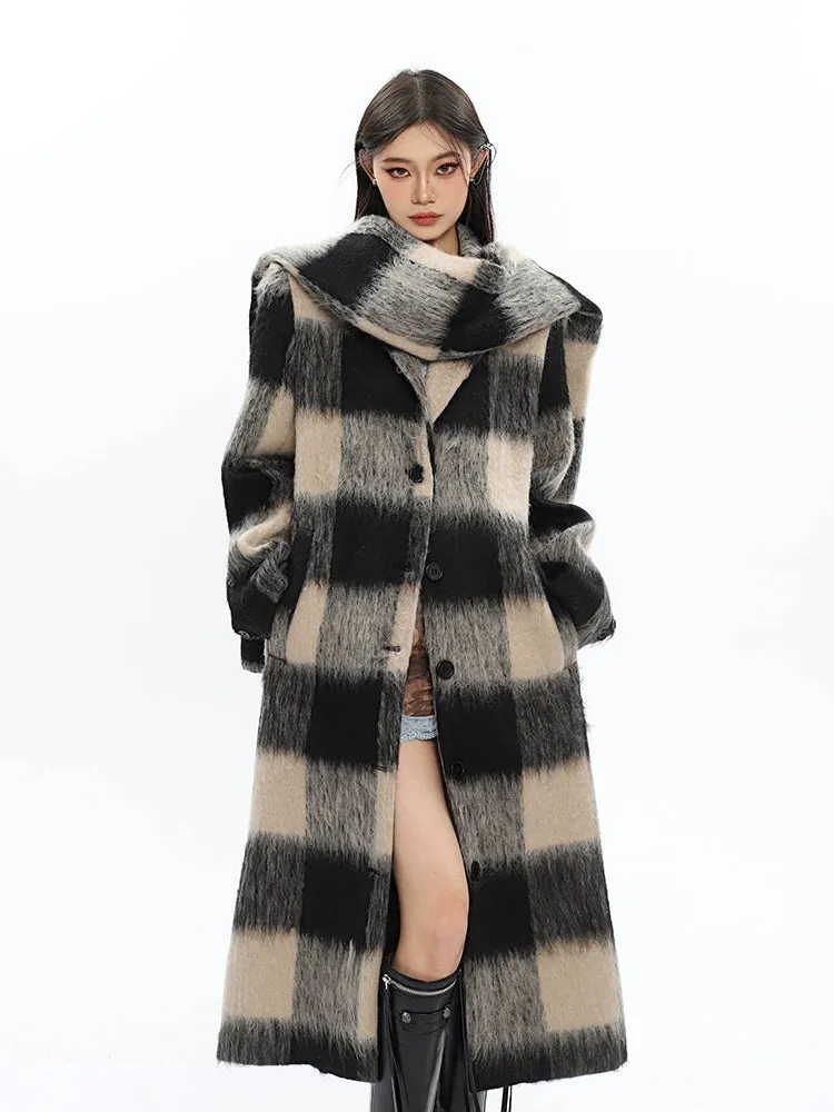 Oversized Fuzzy Checkered Overcoat with Scarf Detail