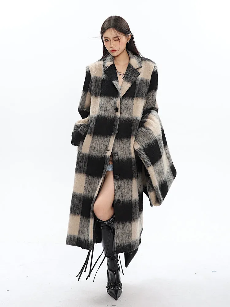 Oversized Fuzzy Checkered Overcoat with Scarf Detail