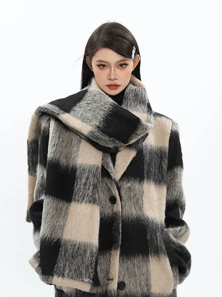 Oversized Fuzzy Checkered Overcoat with Scarf Detail