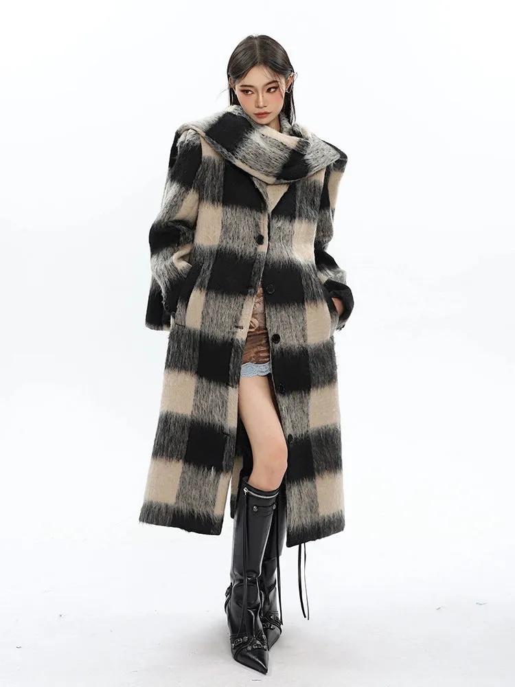 Oversized Fuzzy Checkered Overcoat with Scarf Detail