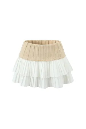 Preppy Foldover High Waist Ribbed Knit Panel Tiered Pleated Micro Mini Skirt