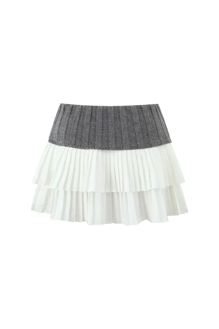 Preppy Foldover High Waist Ribbed Knit Panel Tiered Pleated Micro Mini Skirt