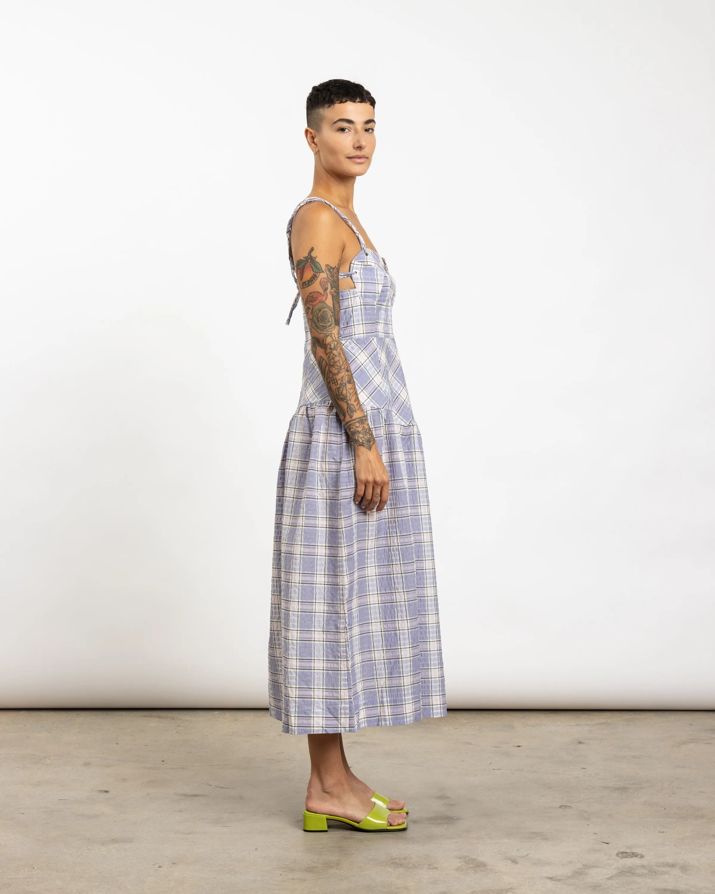 Seersucker Midi Dress in Check Persian Violet