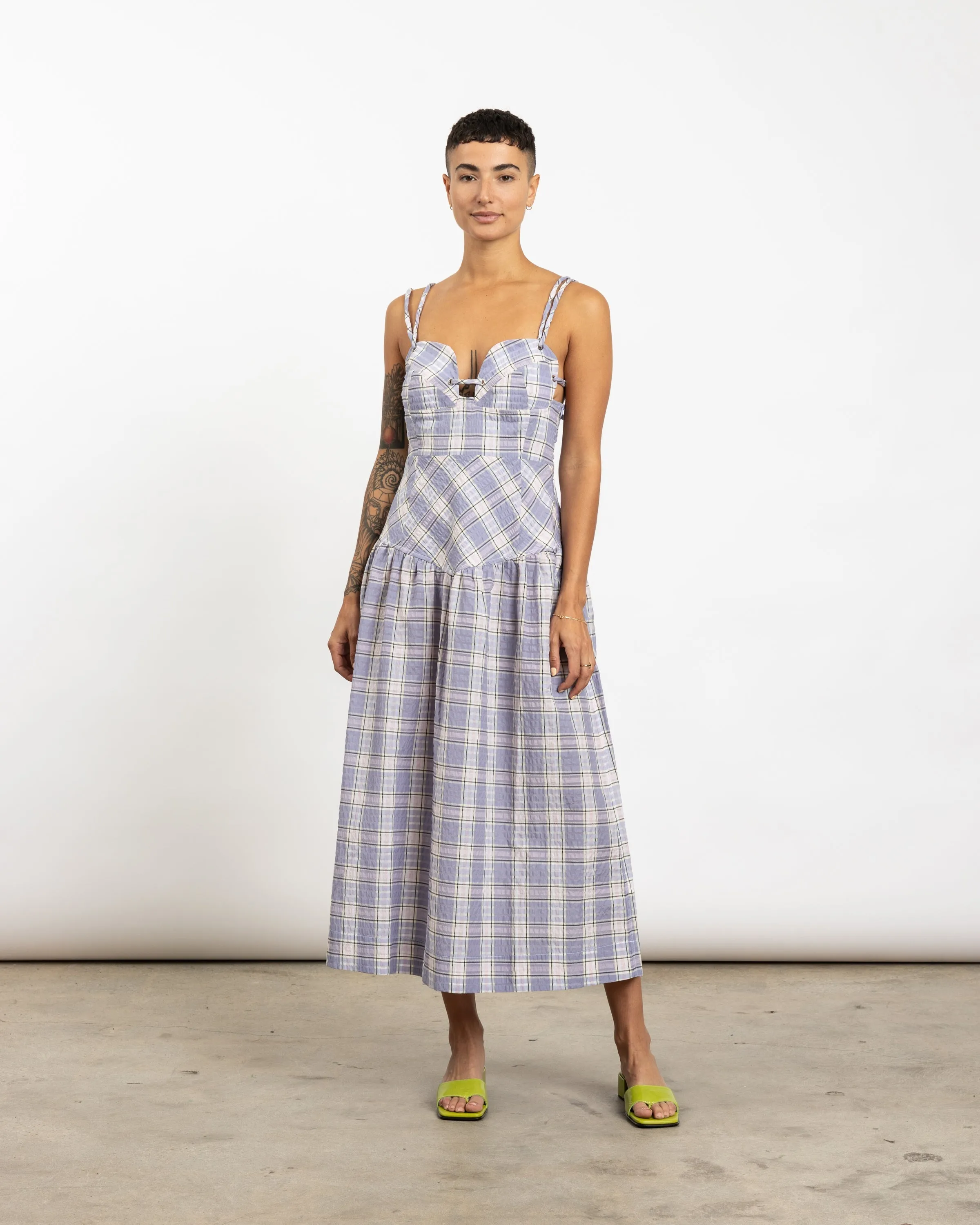 Seersucker Midi Dress in Check Persian Violet